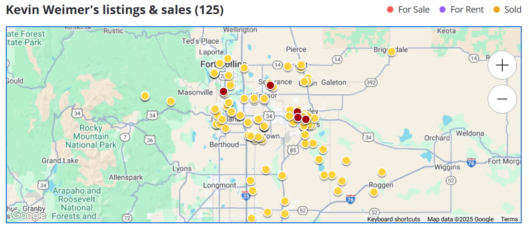 Kevin Weimer’s map showing homes sold across the Northern Colorado real estate market in 2025 — including Windsor, Greeley, and Fort Collins.